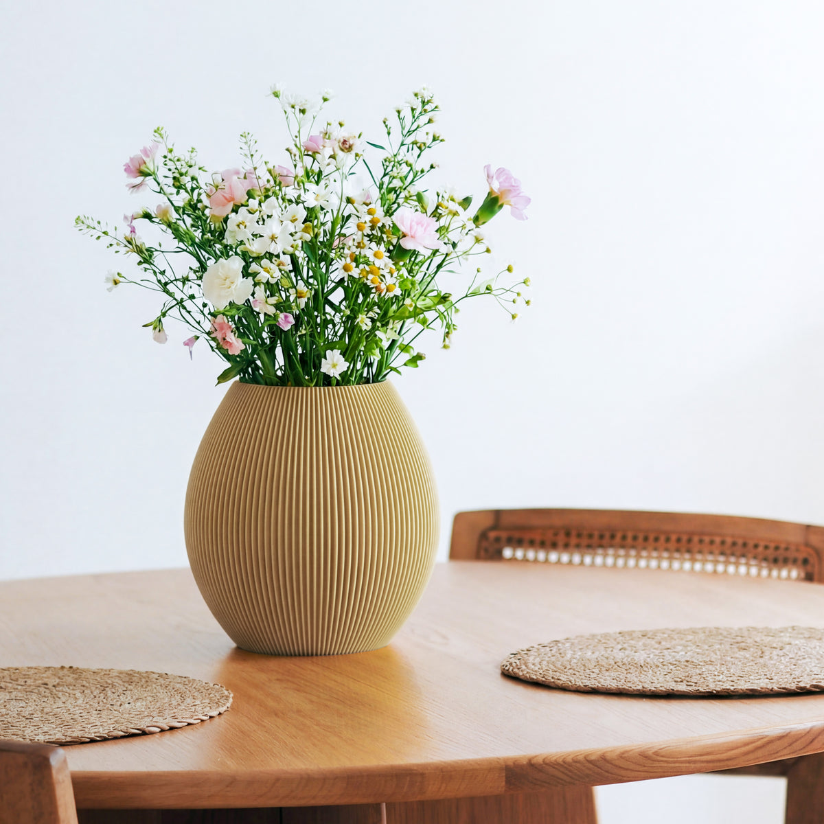 Bauchige Vase Rund in Beige mit Wildblumenstrauß auf einem Esstisch aus Holz #farbe_beige
