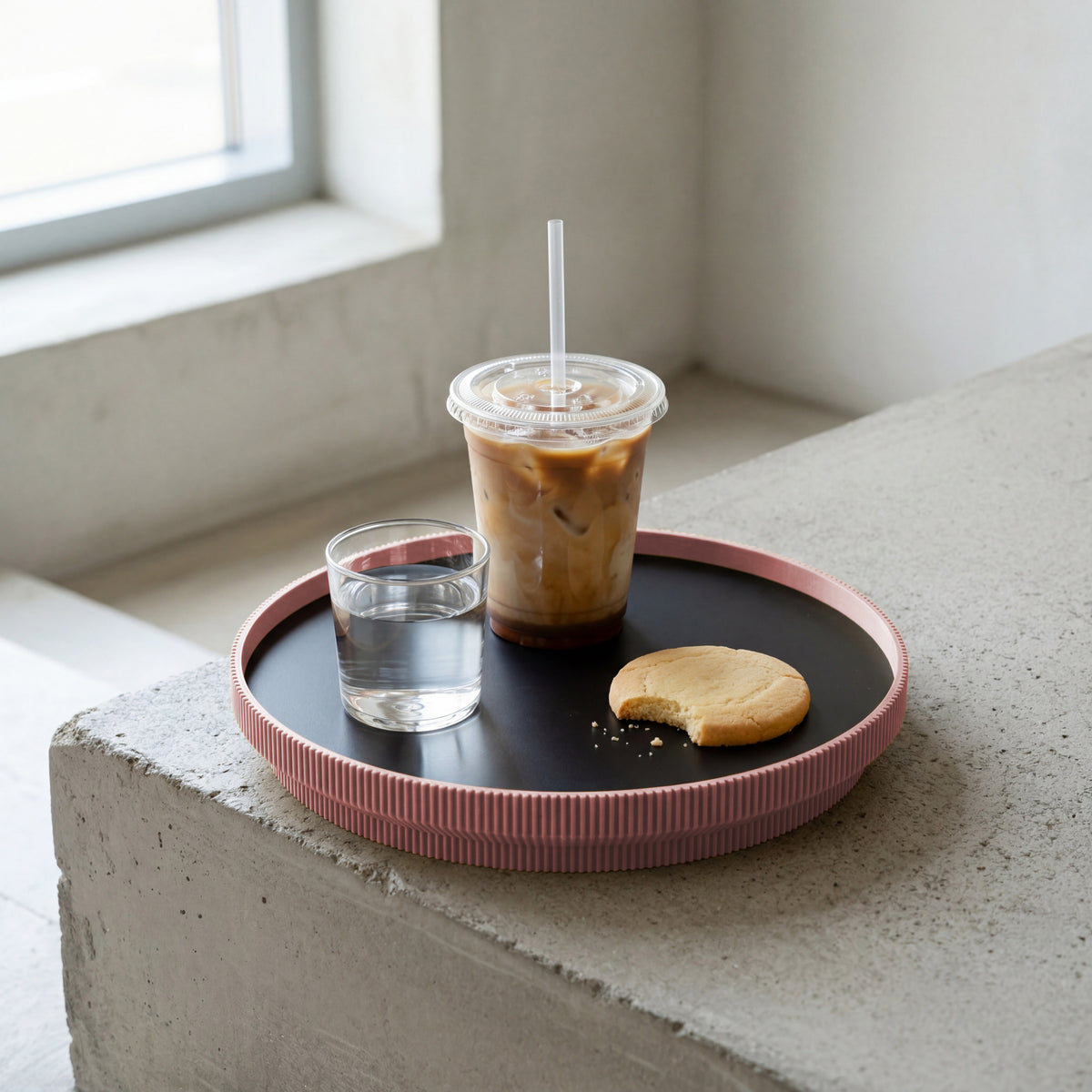 Rundes Deko-Tablett in terracotta aus dem 3D Druck mit Eiskaffee, Wasserglas und Keks am Fenster #ringfarbe_terracotta