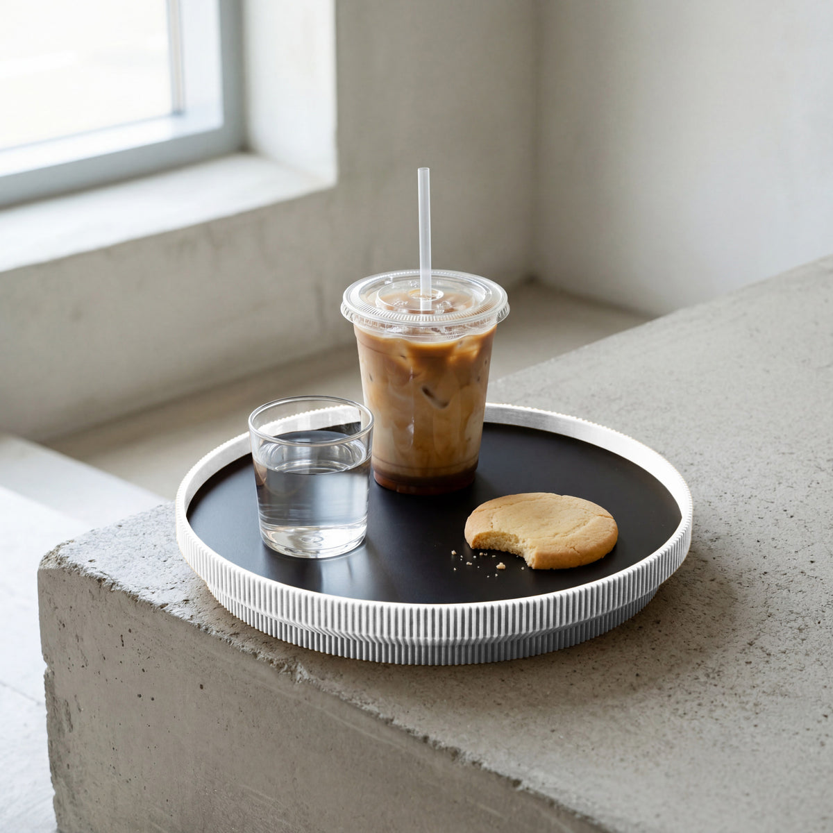 Rundes Deko-Tablett in weiss aus dem 3D Druck mit Eiskaffee, Wasserglas und Keks am Fenster #ringfarbe_weiss