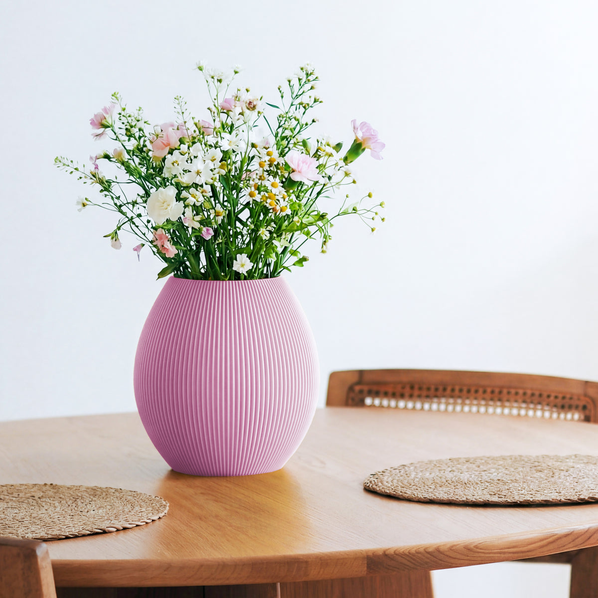 Bauchige Vase Rund in pastellpink mit Wildblumenstrauß auf einem Esstisch aus Holz #farbe_pastellpink