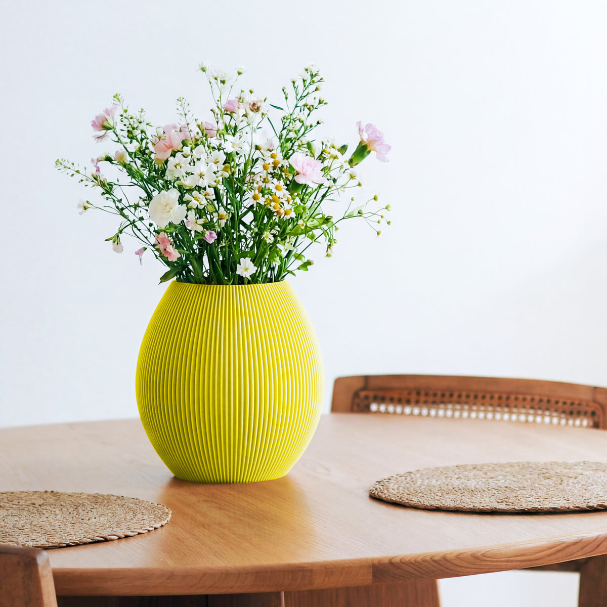 Bauchige Vase Rund in gelb mit Wildblumenstrauß auf einem Esstisch aus Holz #farbe_gelb